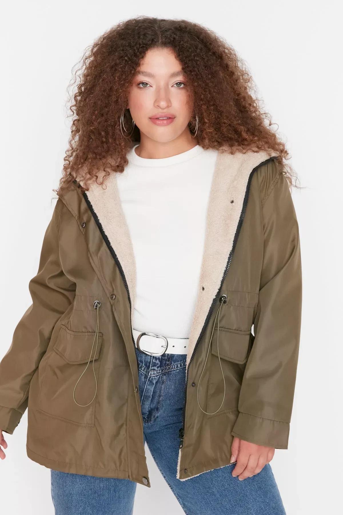 Khaki Parkas Breasted Plus Size Jacket, Khaki, medium