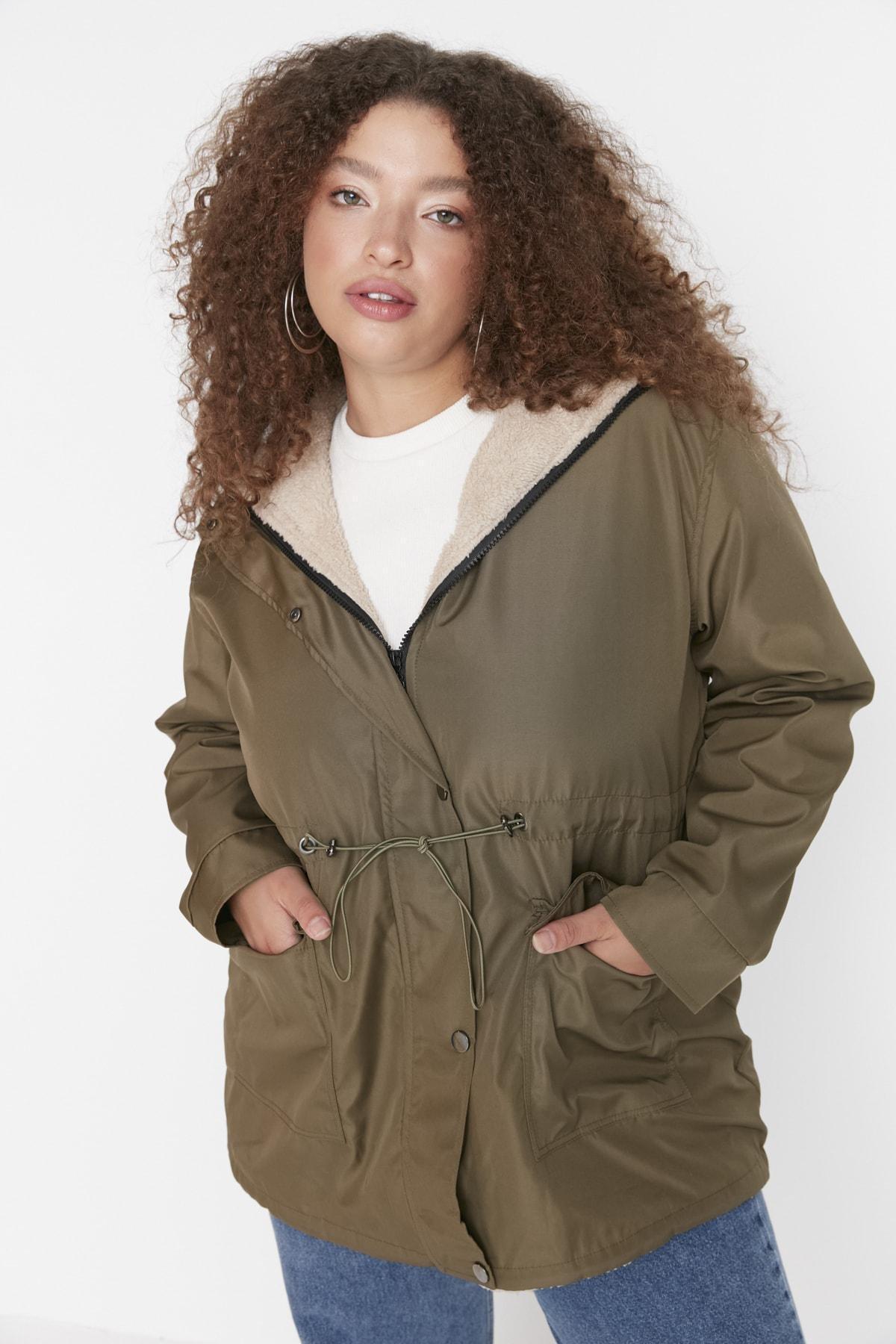 Khaki Parkas Breasted Plus Size Jacket, Khaki, large image number 1
