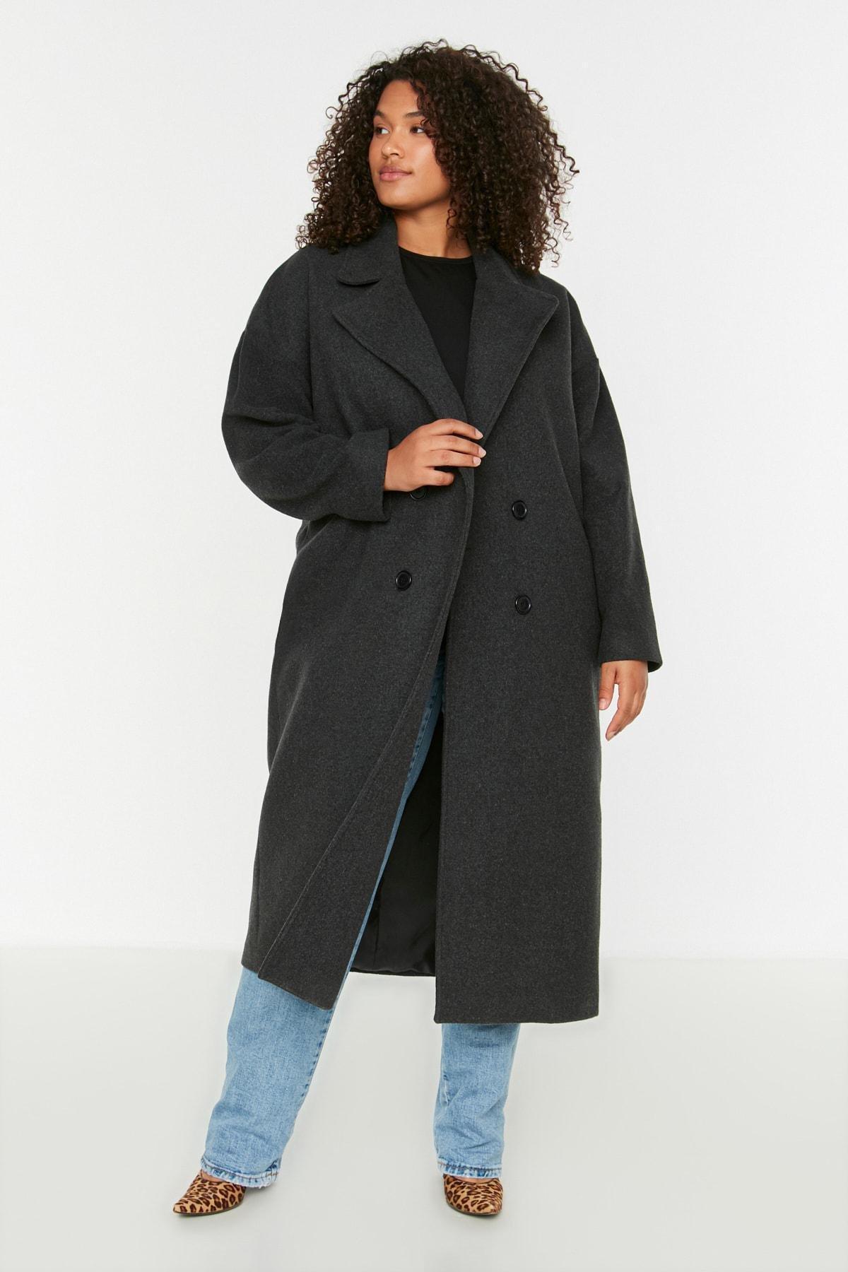 Black Double Breasted Plus Size Coat, , large image number 0
