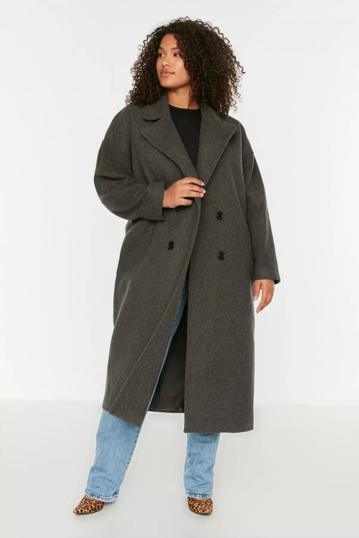 Black Double Breasted Plus Size Coat, Black, medium