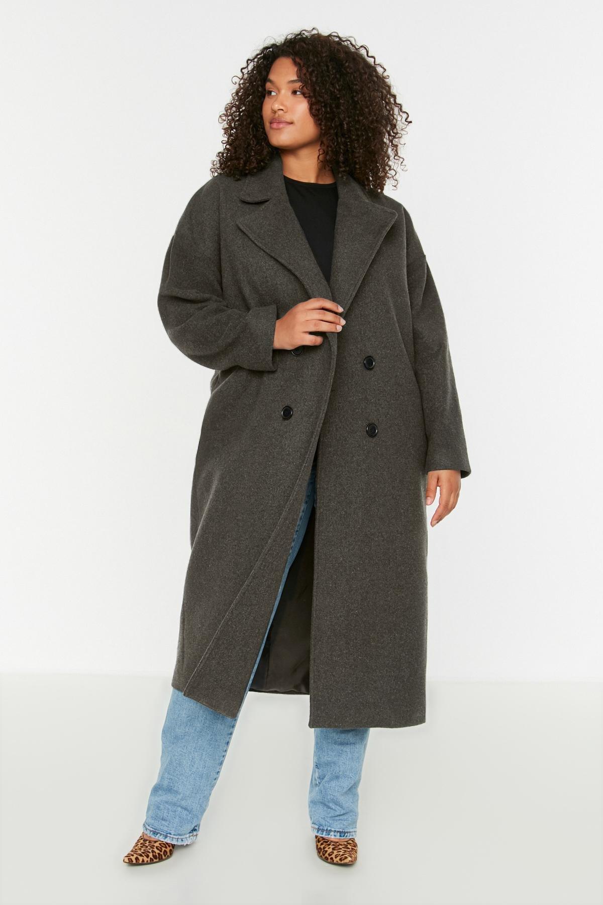 Black Double Breasted Plus Size Coat, , large image number 1