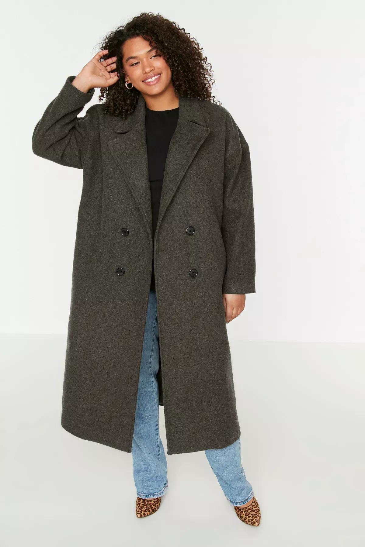 Black Double Breasted Plus Size Coat, Black, medium