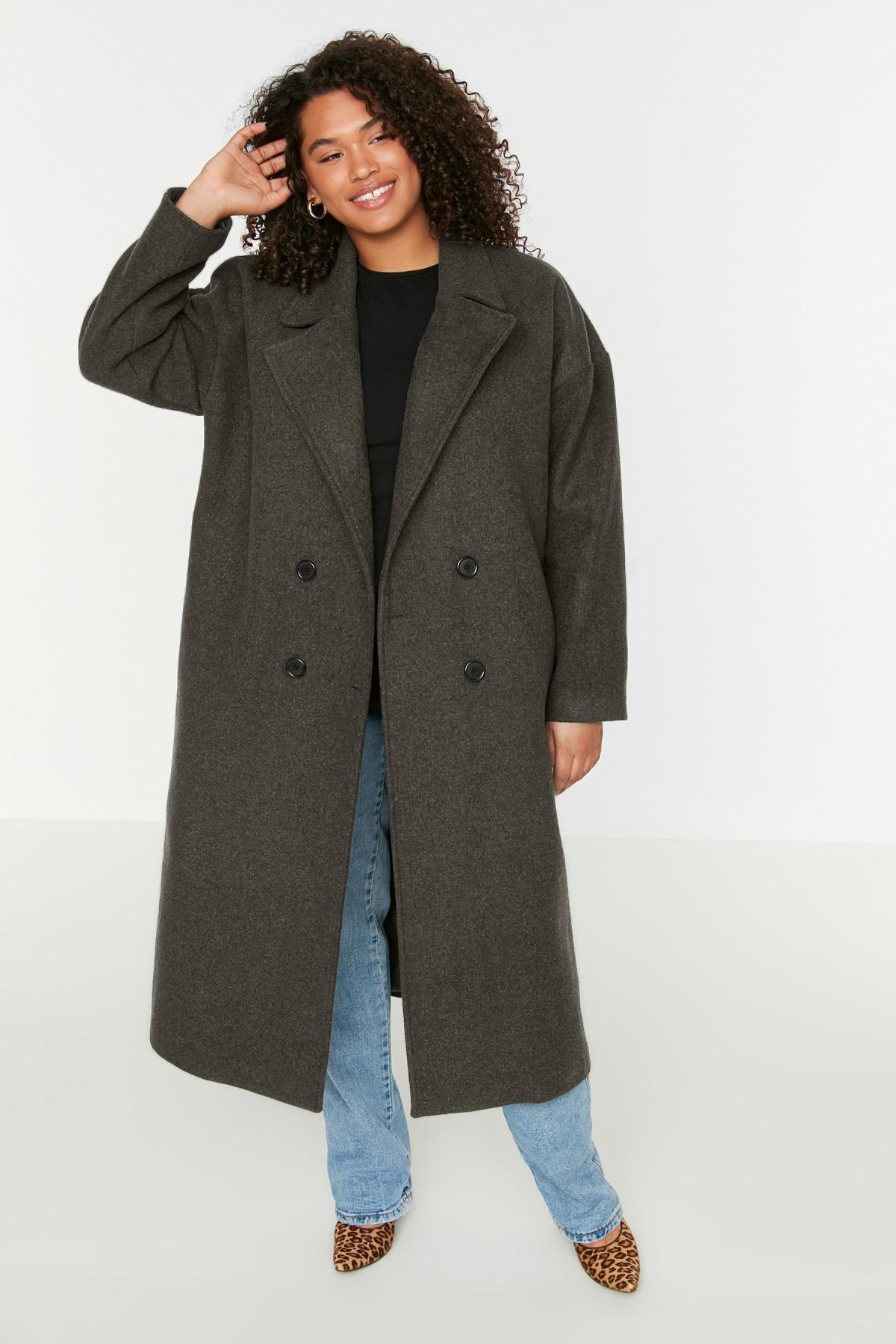 Black Double Breasted Plus Size Coat, , large image number 2