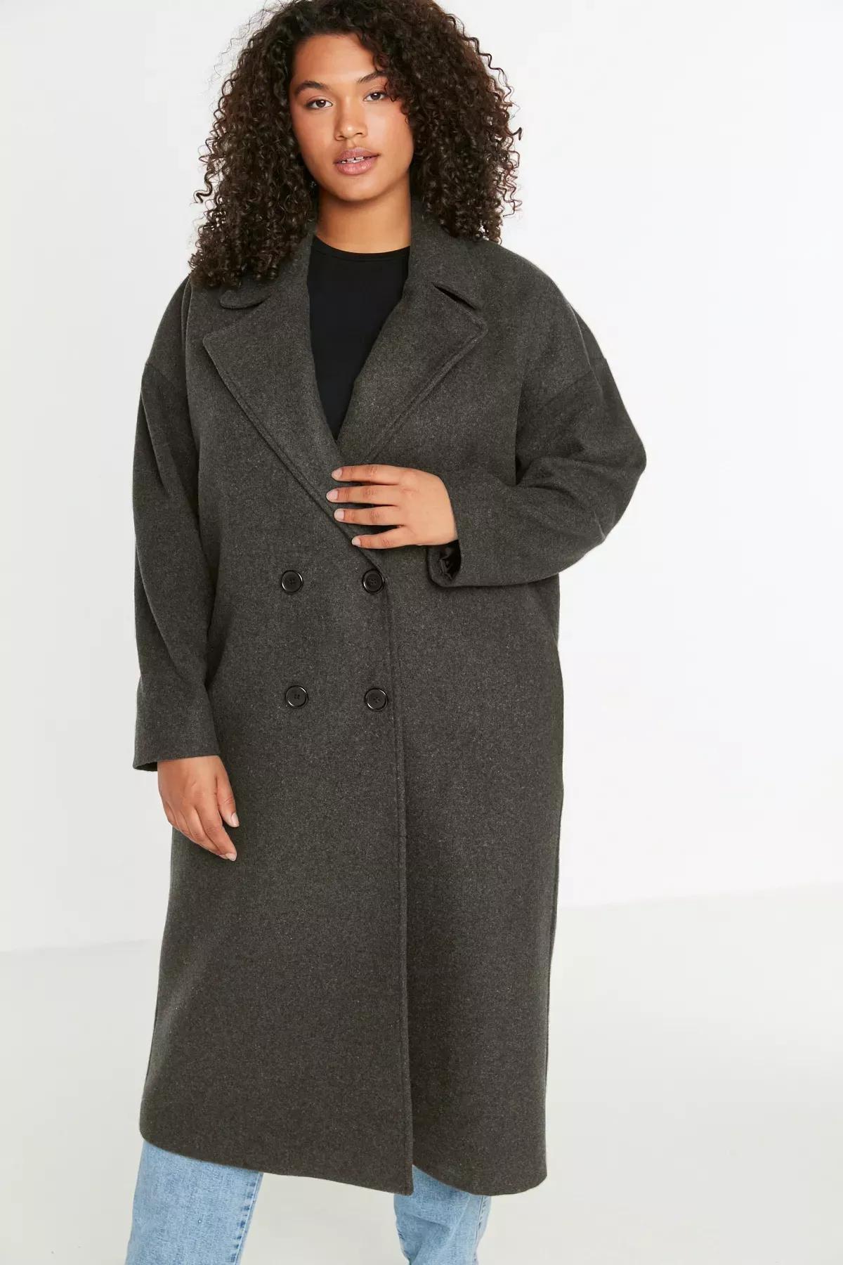 Black Double Breasted Plus Size Coat, Black, medium
