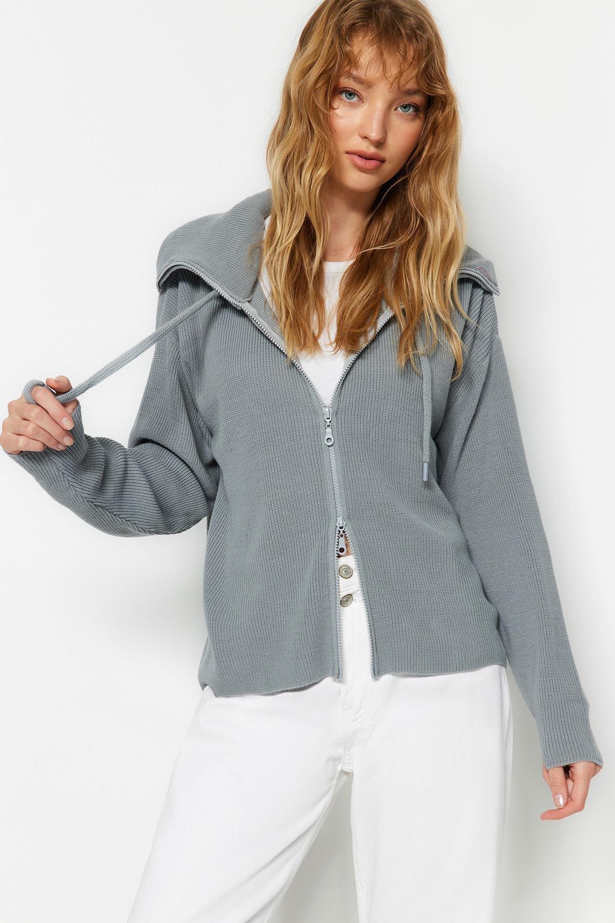 Grey Zippered Knitwear Cardigan, , large image number 0