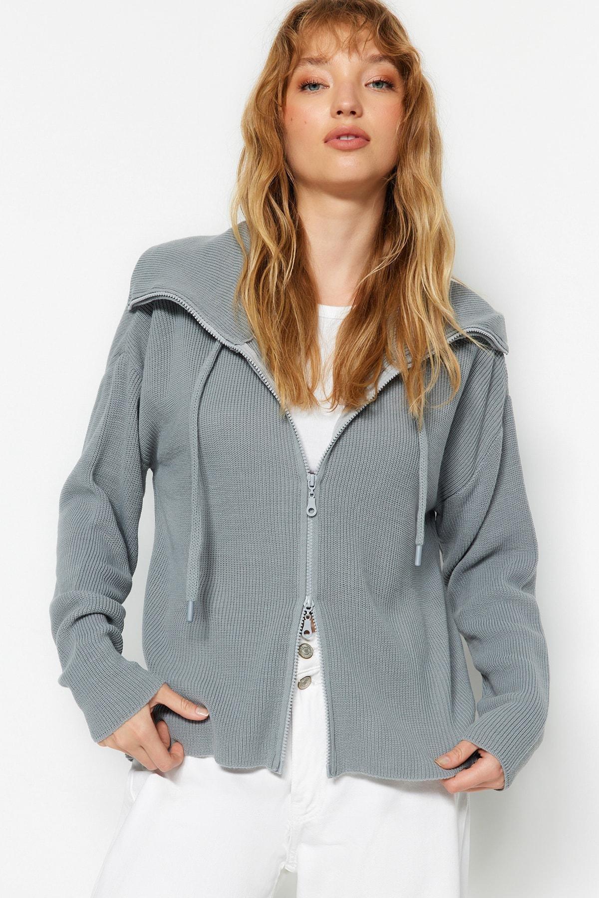 Grey Zippered Knitwear Cardigan, , large image number 1