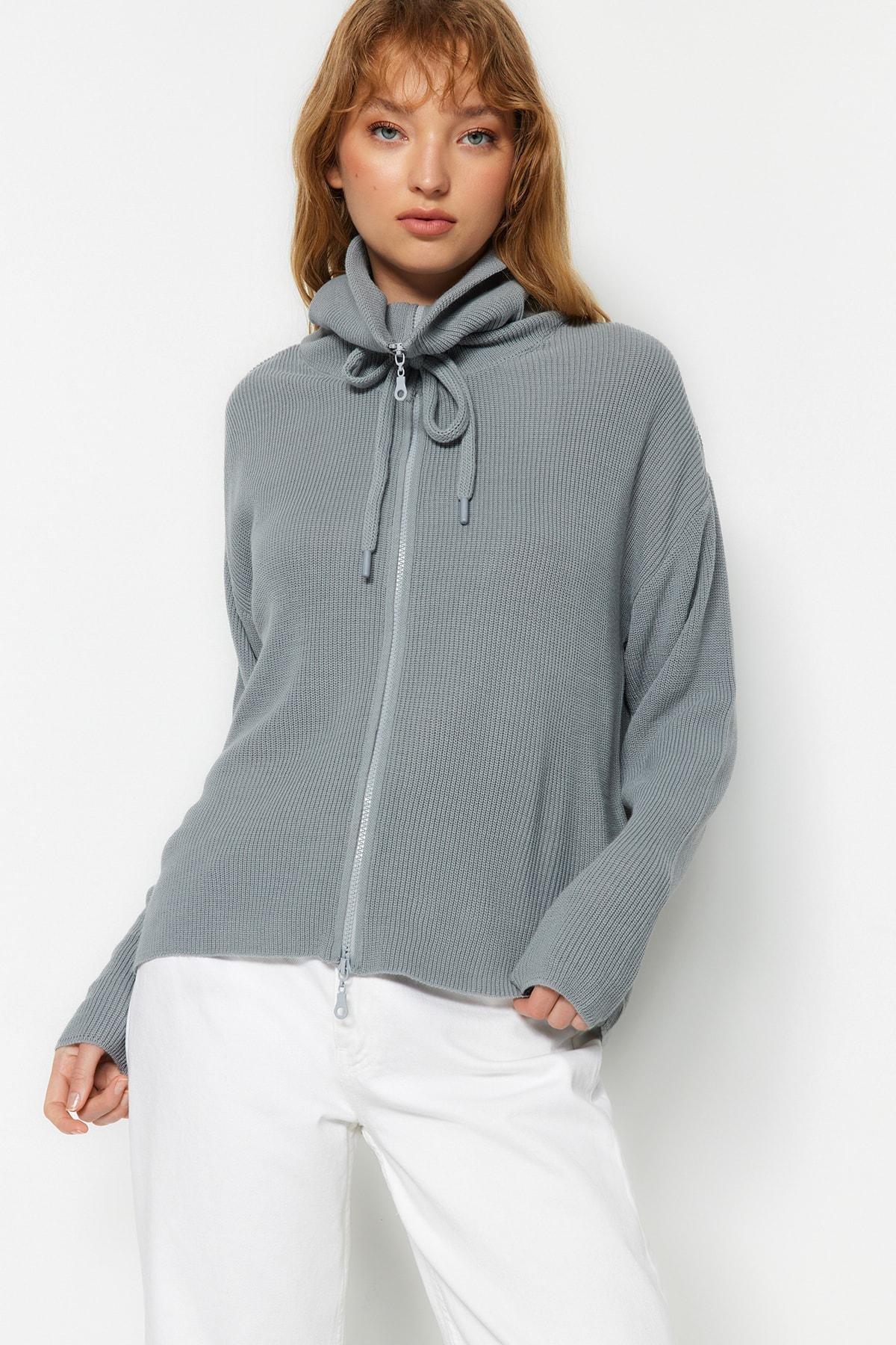 Grey Zippered Knitwear Cardigan, , large image number 2