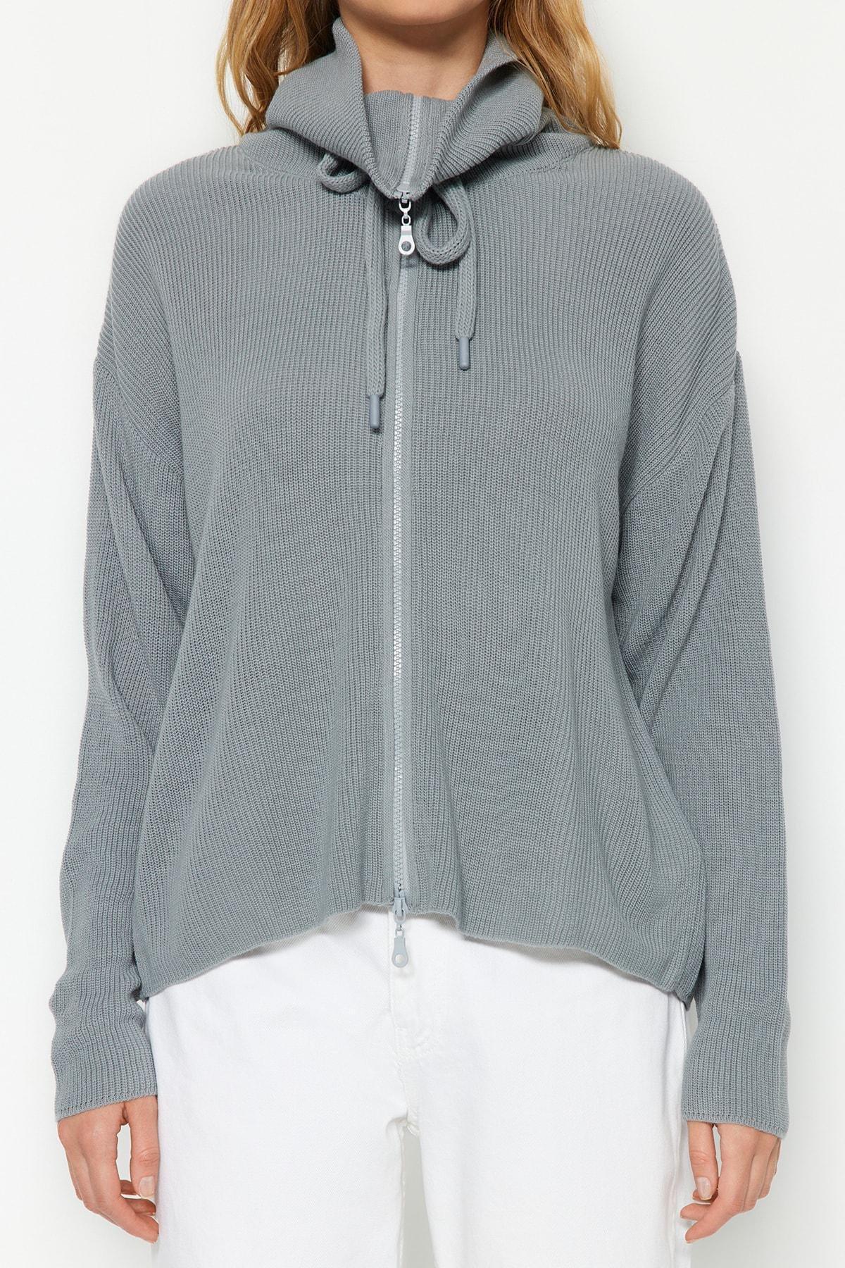 Grey Zippered Knitwear Cardigan, , large image number 3