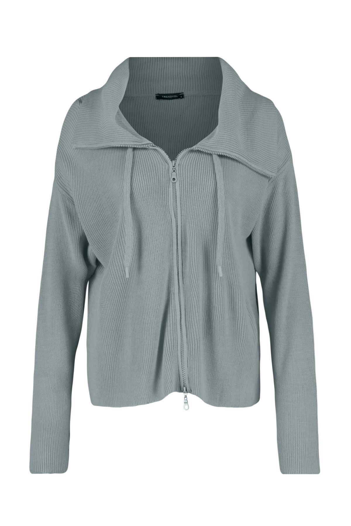 Grey Zippered Knitwear Cardigan, , large image number 5