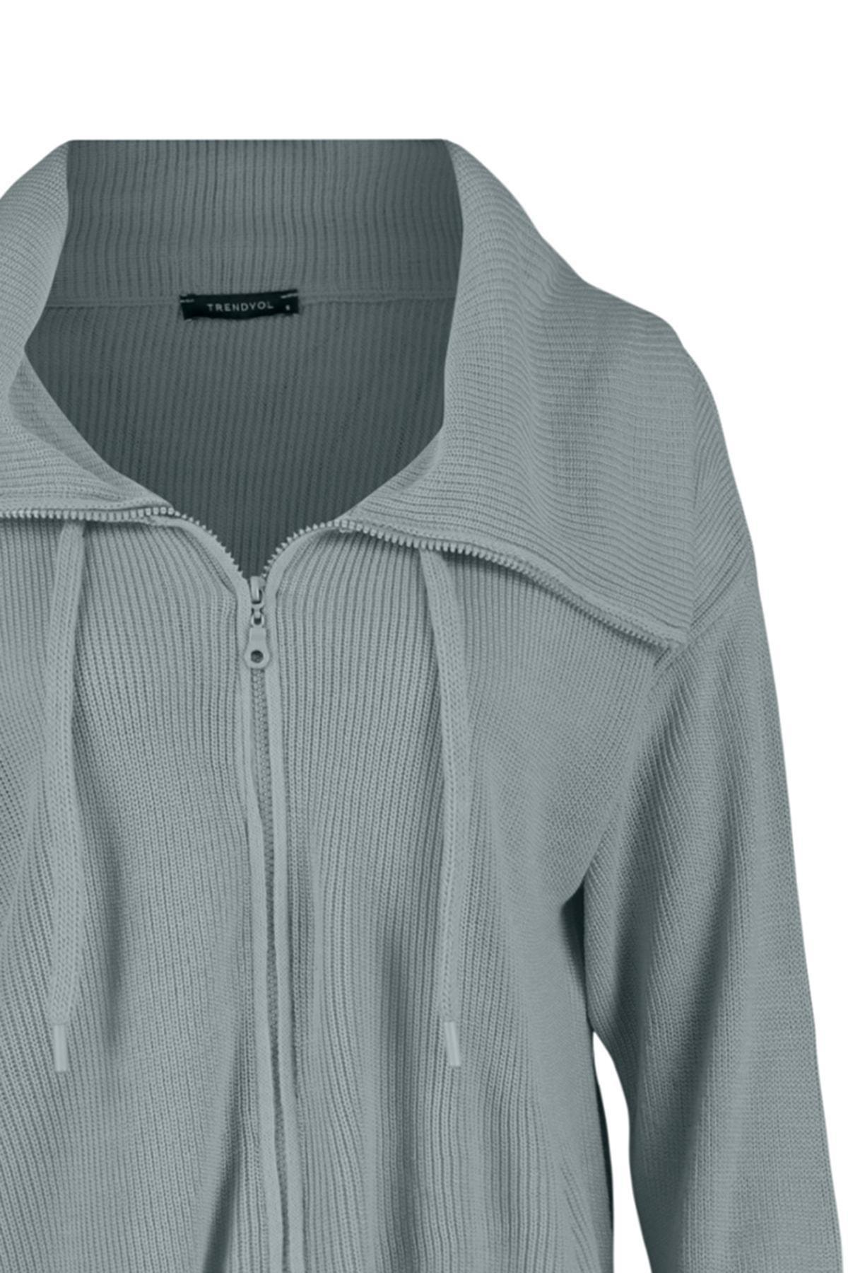 Grey Zippered Knitwear Cardigan, , large image number 6