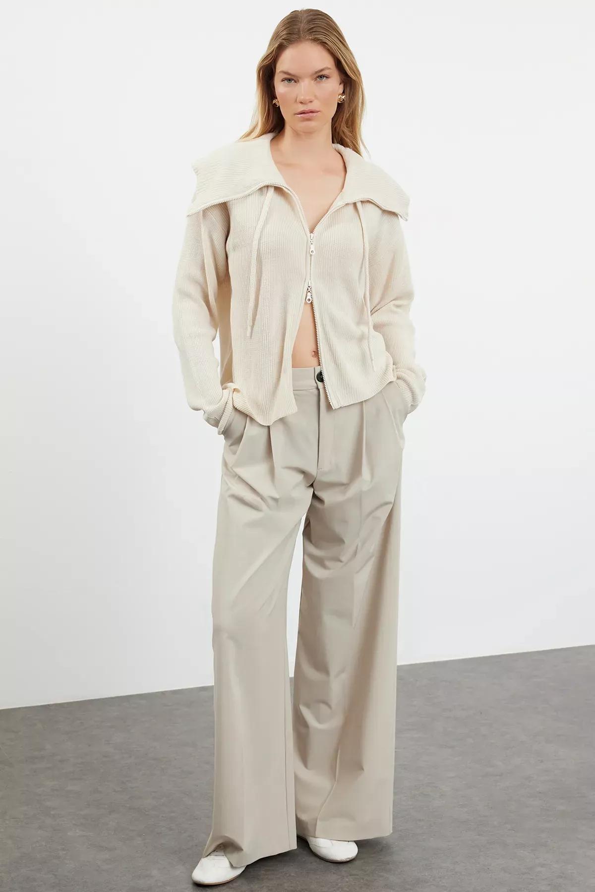 Brown Wide Pattern Zipper Detailed Knit Cardigan, STONE, large image number 1