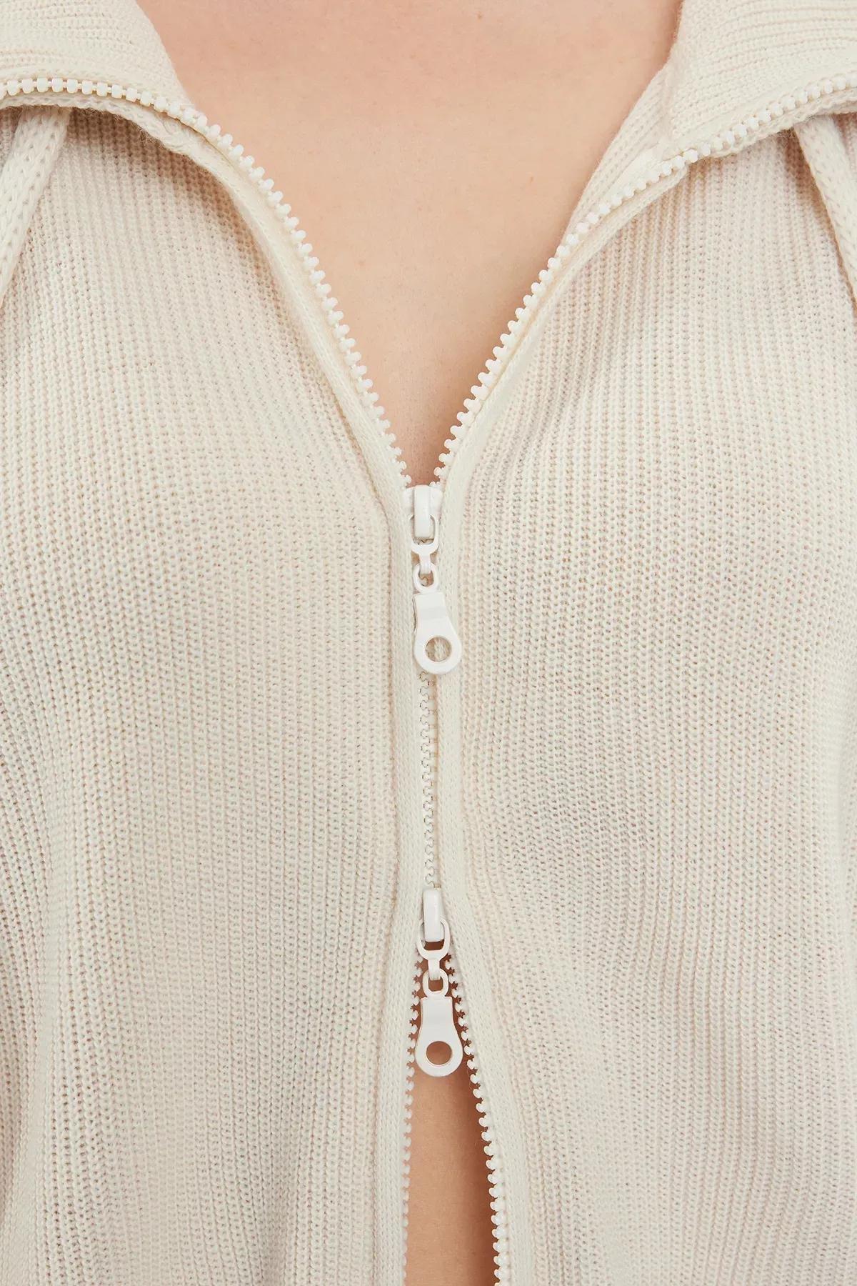 Brown Wide Pattern Zipper Detailed Knit Cardigan, STONE, large image number 2