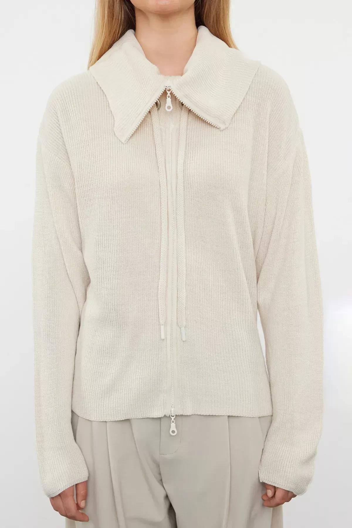 Brown Wide Pattern Zipper Detailed Knit Cardigan, STONE, large image number 3