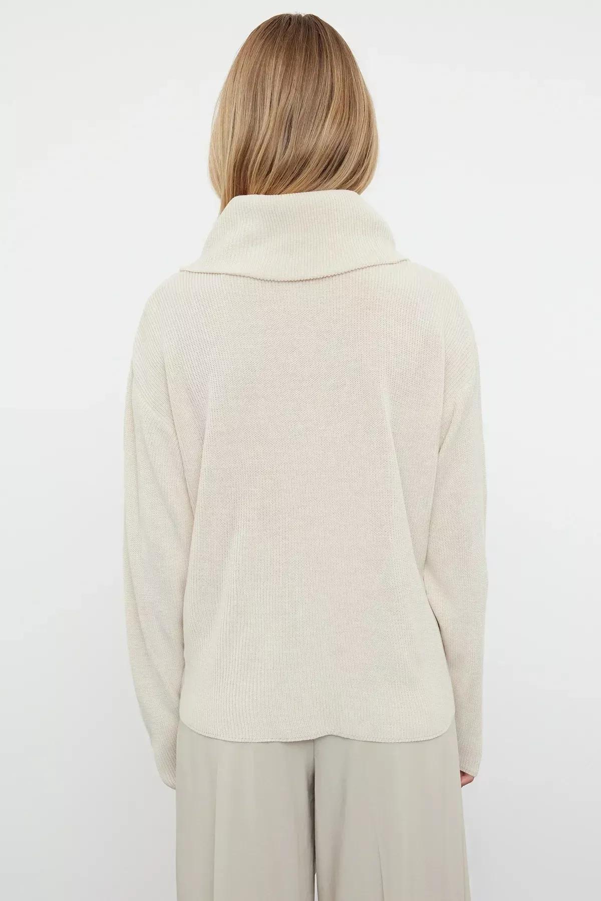 Brown Wide Pattern Zipper Detailed Knit Cardigan, STONE, large image number 4