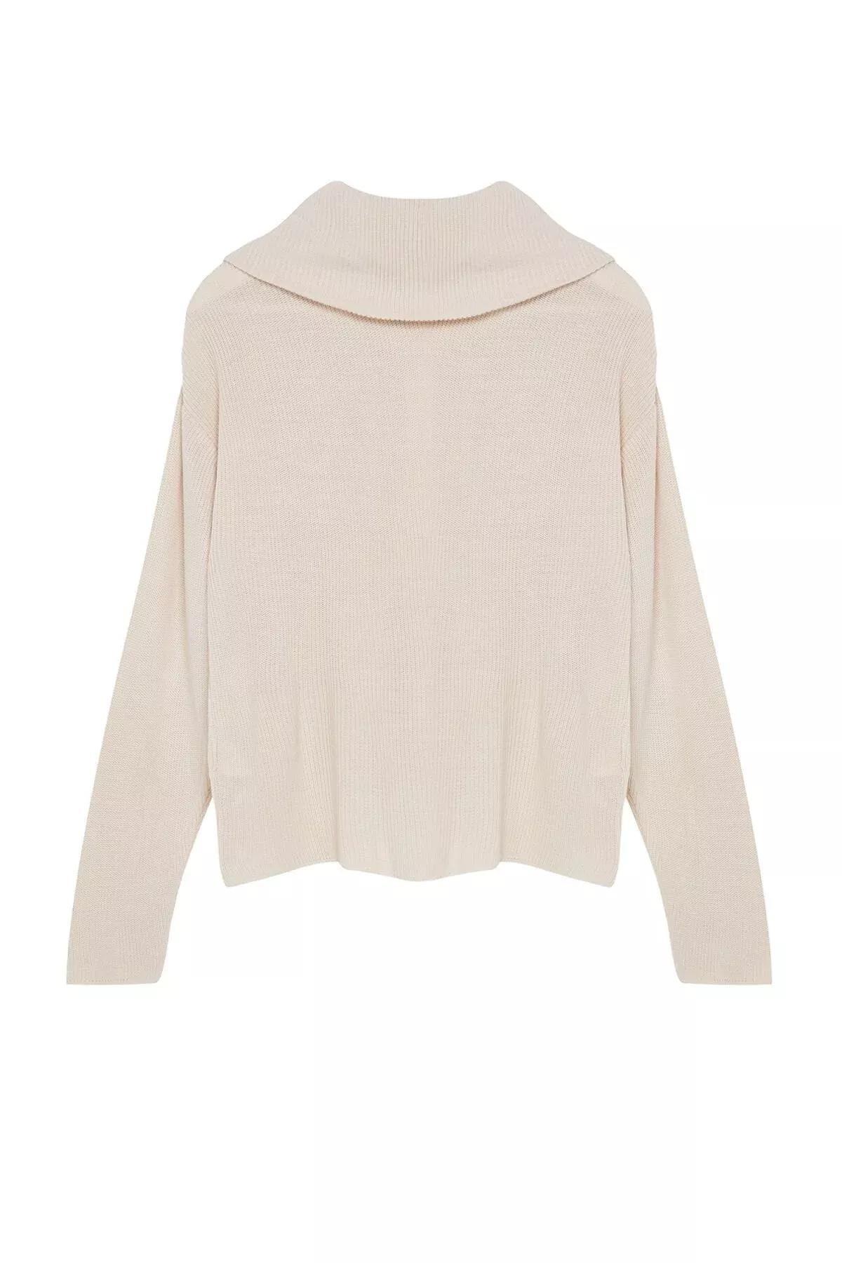 Brown Wide Pattern Zipper Detailed Knit Cardigan, STONE, large image number 5