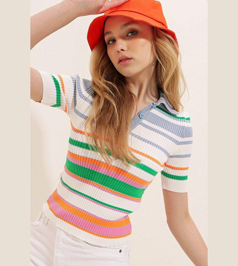 Navy Striped Polo Neck T-Shirt, , large image number 1