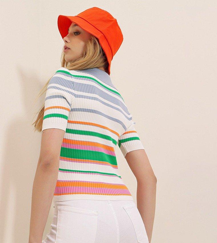Navy Striped Polo Neck T-Shirt, , large image number 2
