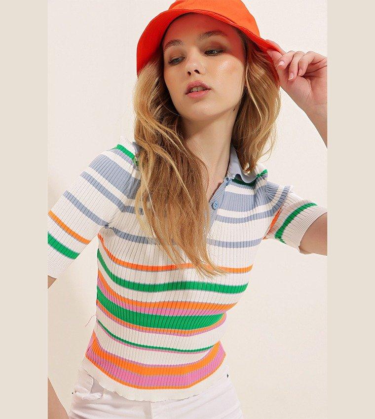 Navy Striped Polo Neck T-Shirt, , large image number 3