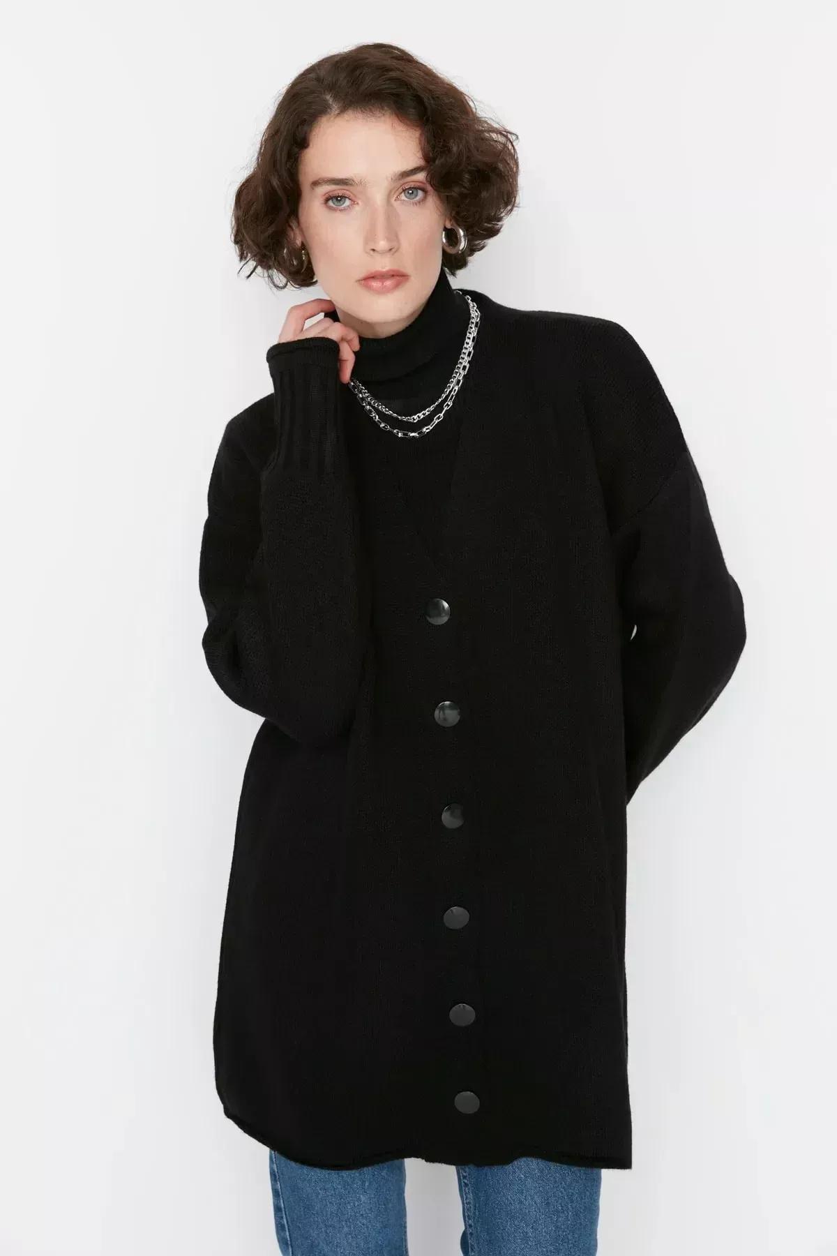 Black Relaxed Long Cardigan, Black, large image number 0