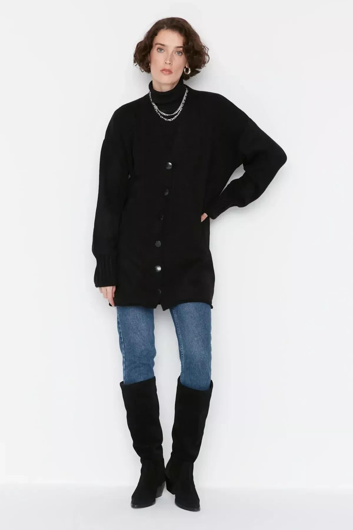 Black Relaxed Long Cardigan, Black, large image number 2