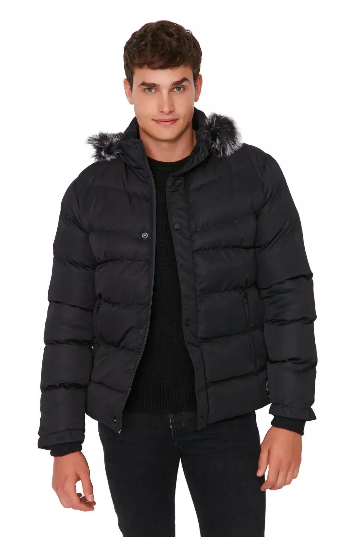 Black Hooded Puffer Jacket, Black, medium