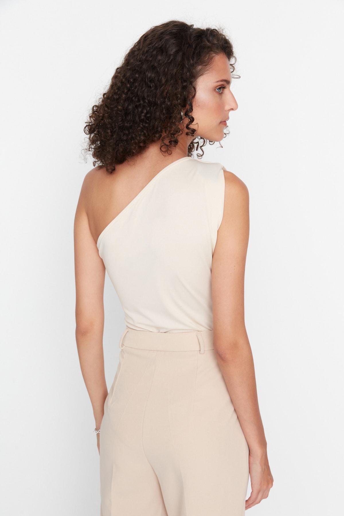 Beige Asymmetrical Collar Bodysuit, , large image number 4