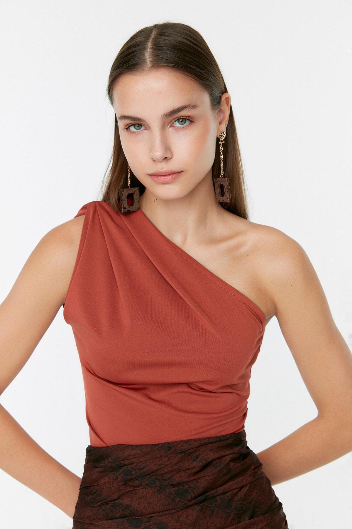 Brown Asymmetrical Collar Slim Bodysuit, , large image number 0