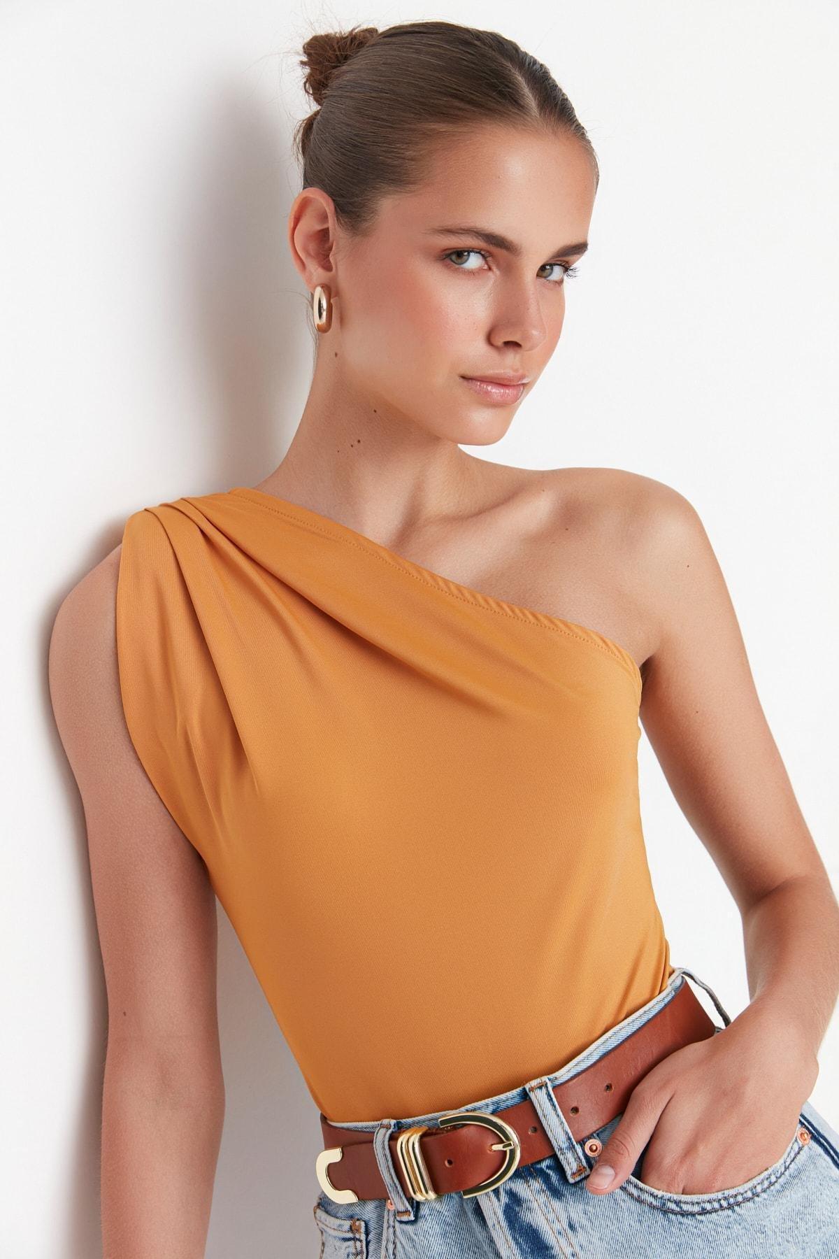 Brown Asymmetrical Collar Slim Bodysuit, , large image number 2
