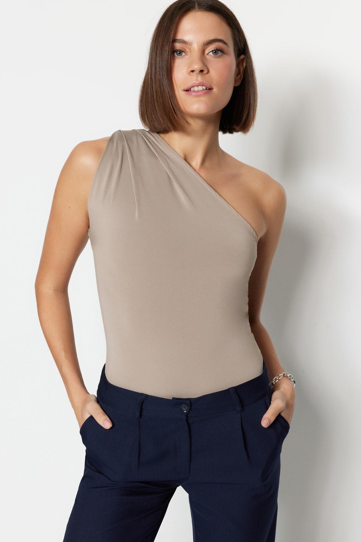 Brown Asymmetrical Collar Slim Bodysuit, , large image number 3
