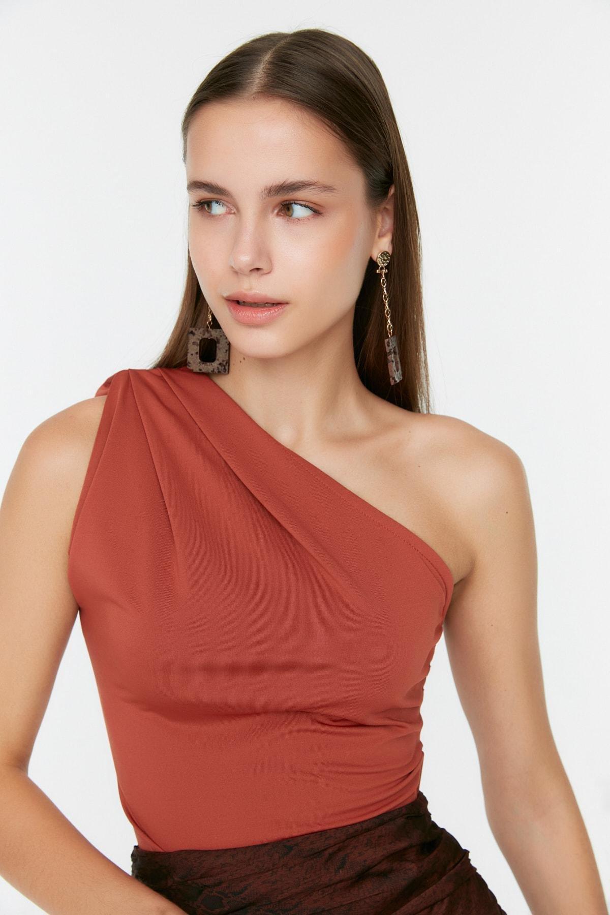 Brown Asymmetrical Collar Slim Bodysuit, , large image number 4
