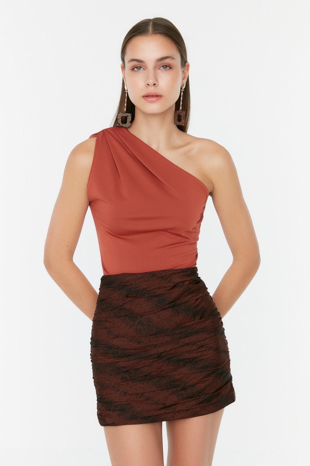 Brown Asymmetrical Collar Slim Bodysuit, , large image number 5