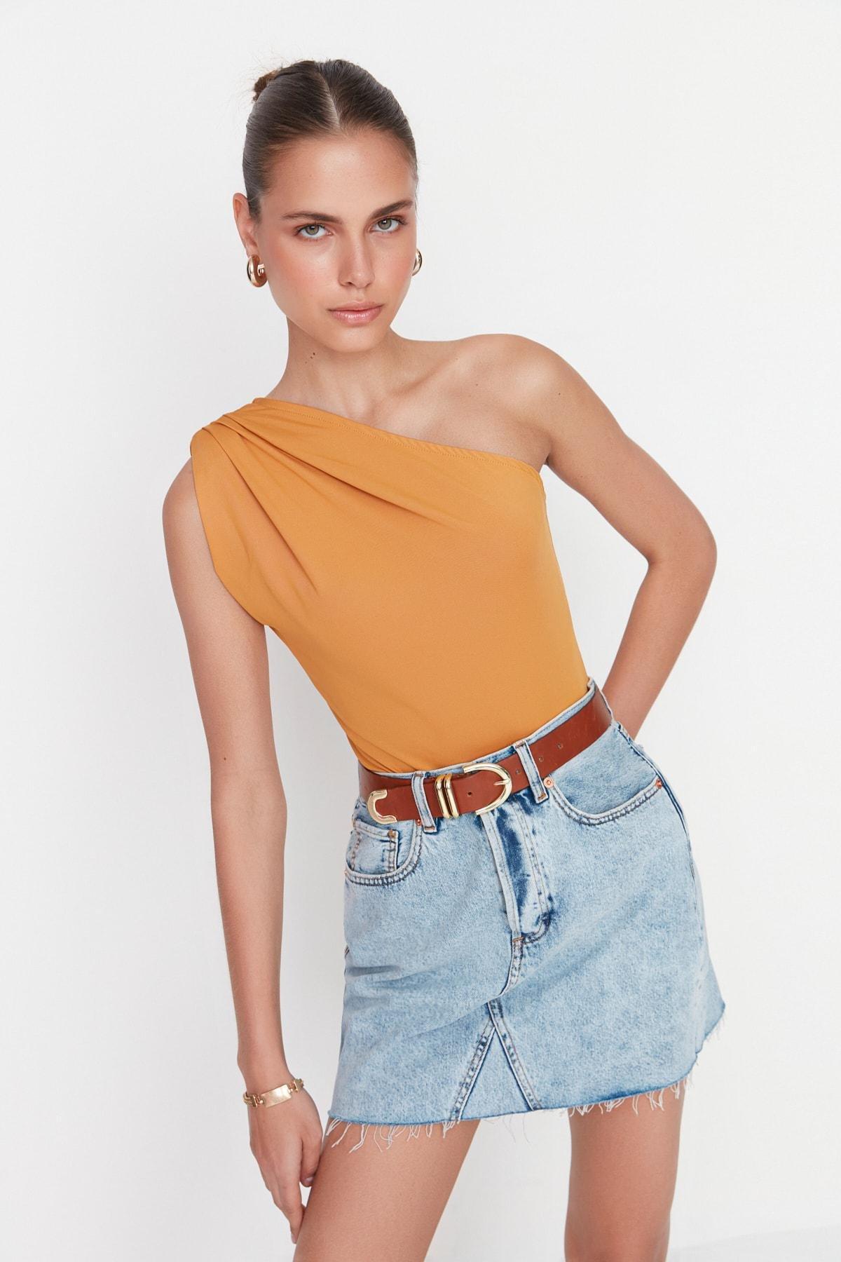 Brown Asymmetrical Collar Slim Bodysuit, , large image number 7