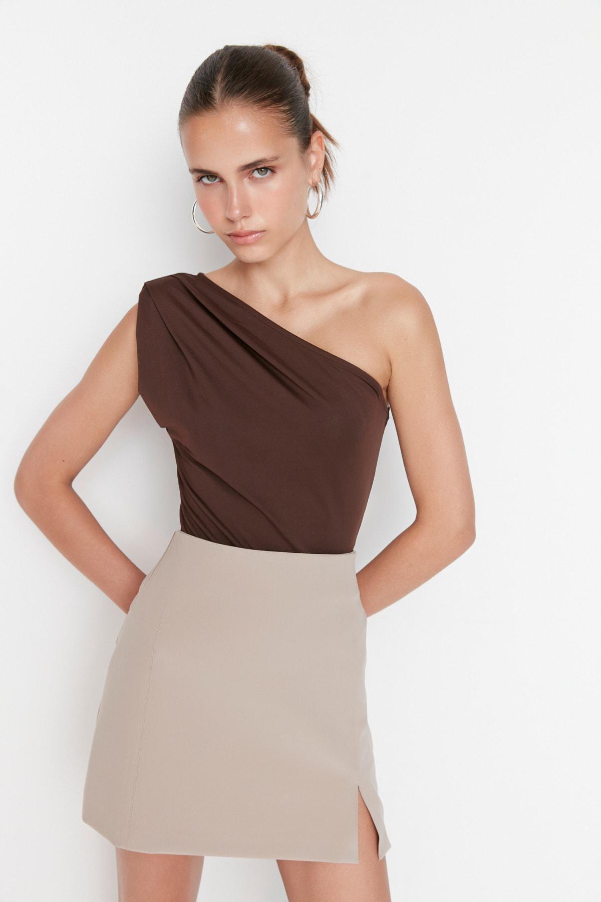Brown Asymmetrical Collar Slim Bodysuit, , large image number 9