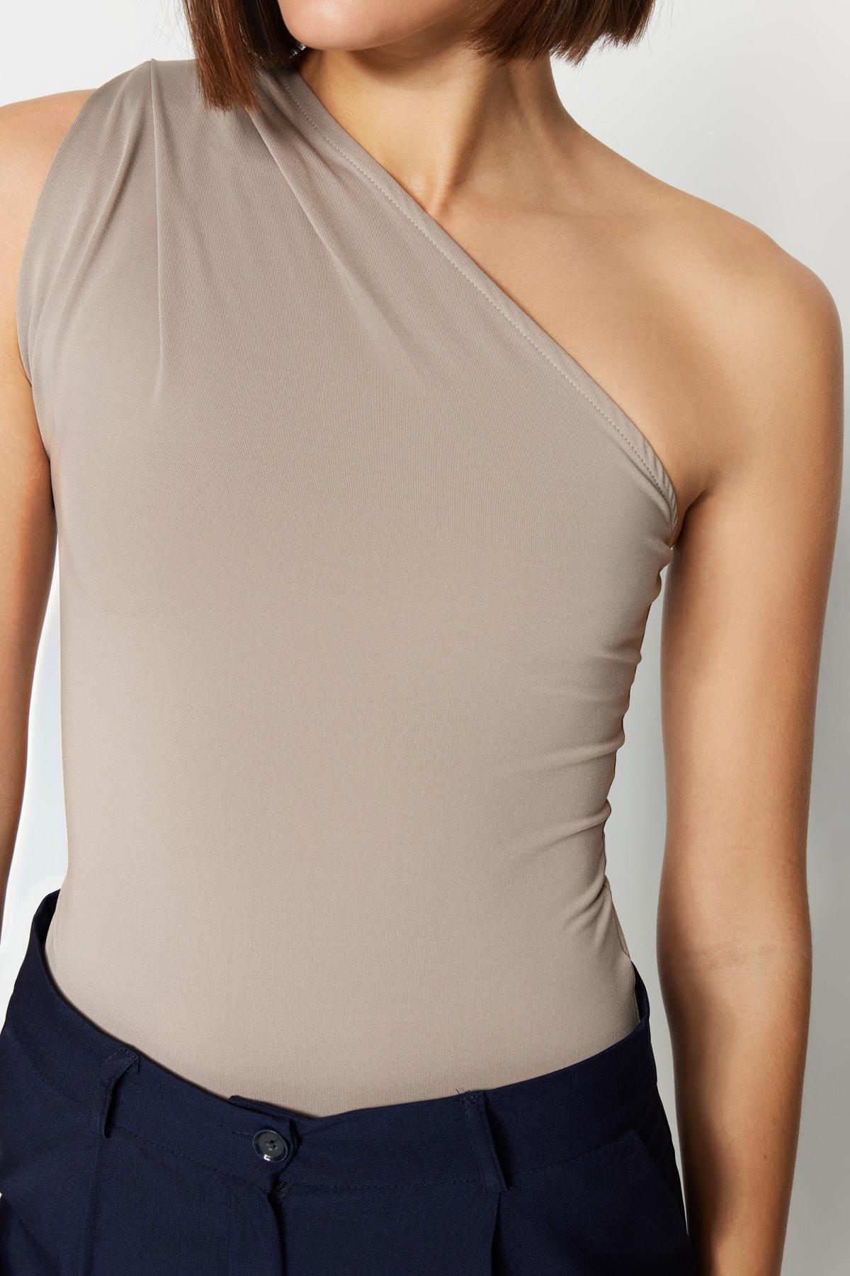 Brown Asymmetrical Collar Slim Bodysuit, , large image number 11