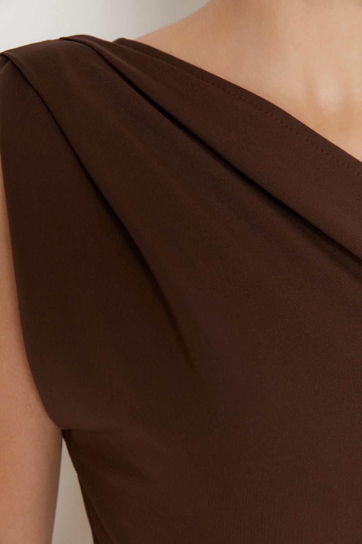 Brown Asymmetrical Collar Slim Bodysuit, , large image number 13