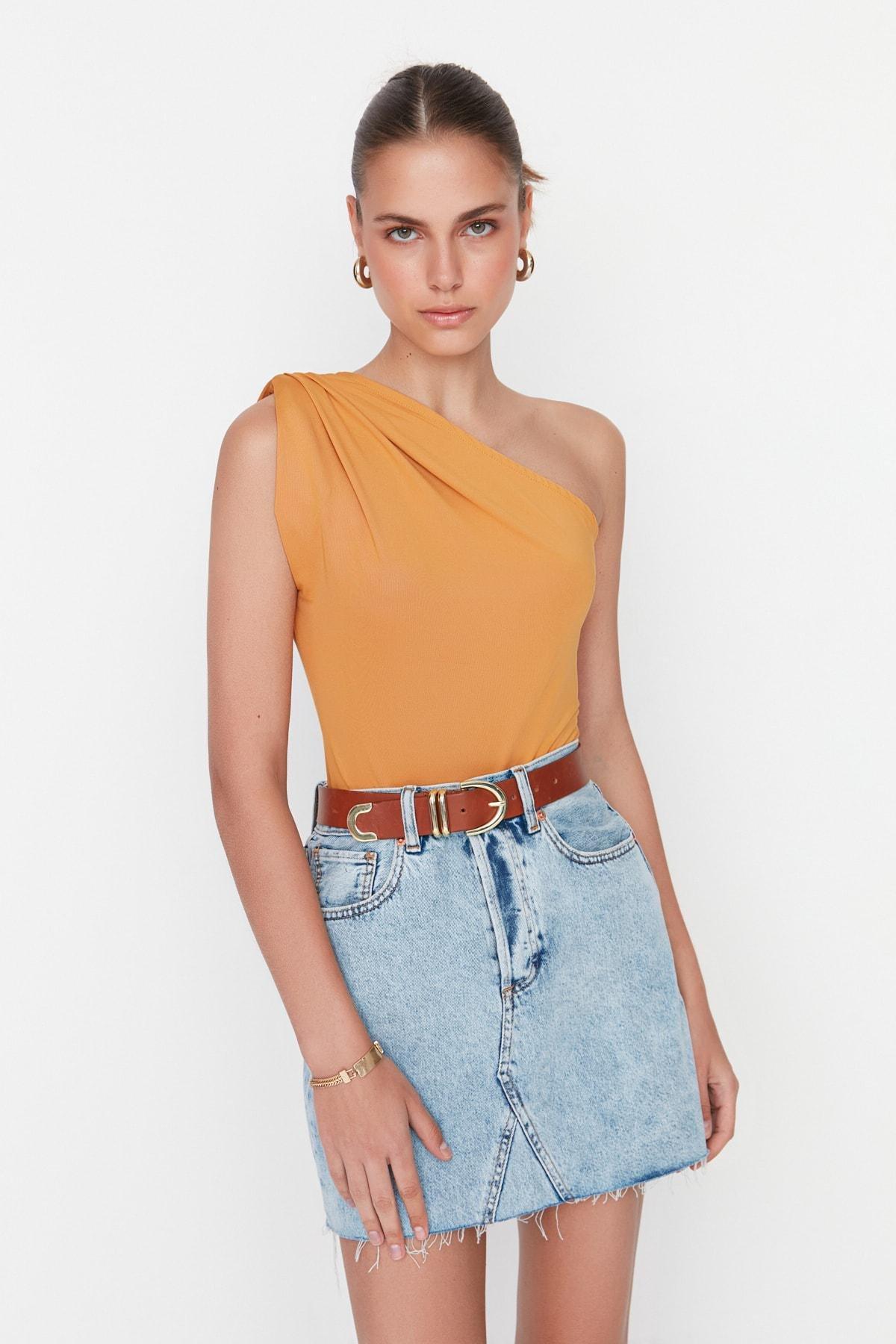 Brown Asymmetrical Collar Slim Bodysuit, , large image number 14