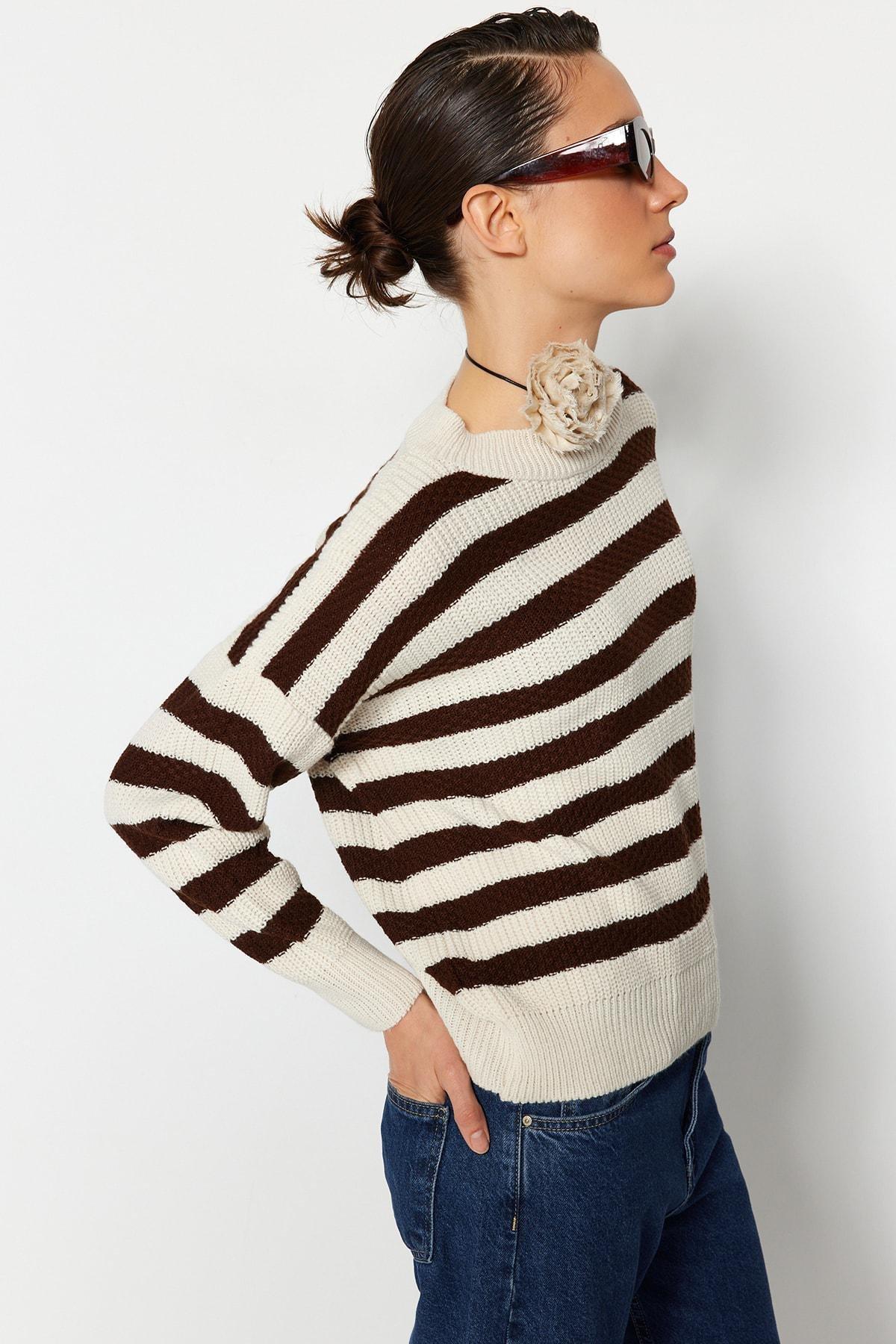 Trendyol - Beige Striped Oversize Sweater