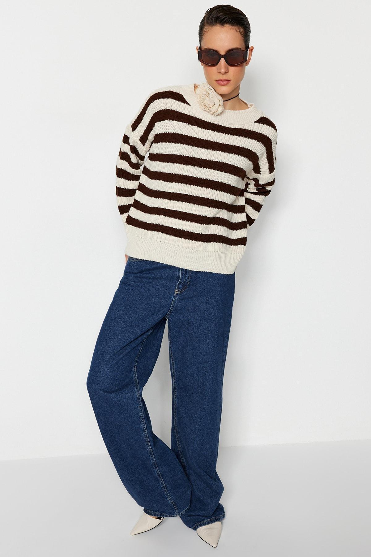 Trendyol - Beige Striped Oversize Sweater