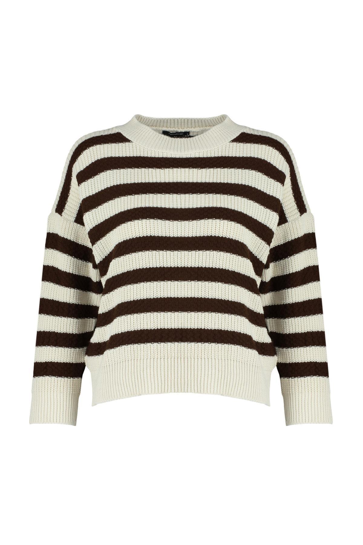Trendyol - Beige Striped Oversize Sweater