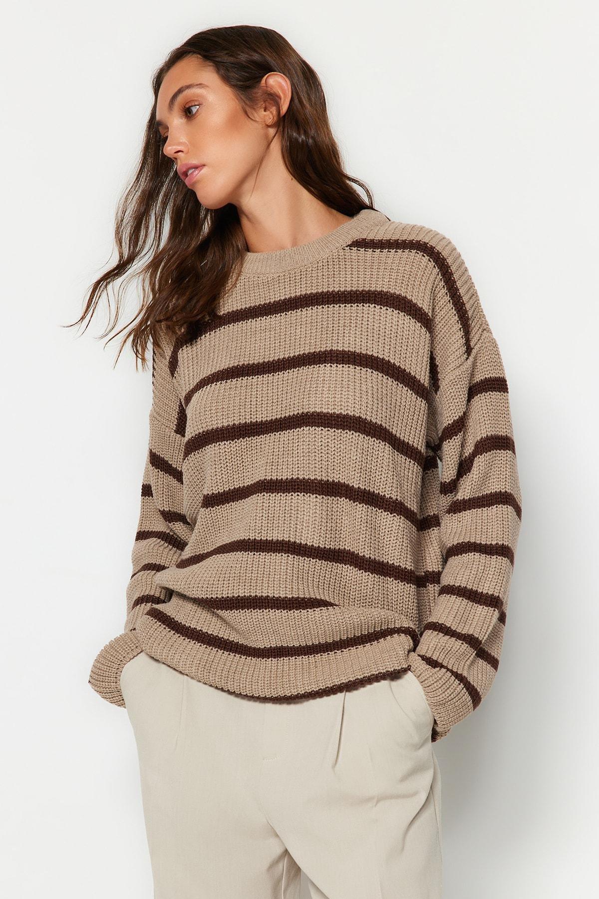 Beige Striped Oversize Sweater, , large image number 0
