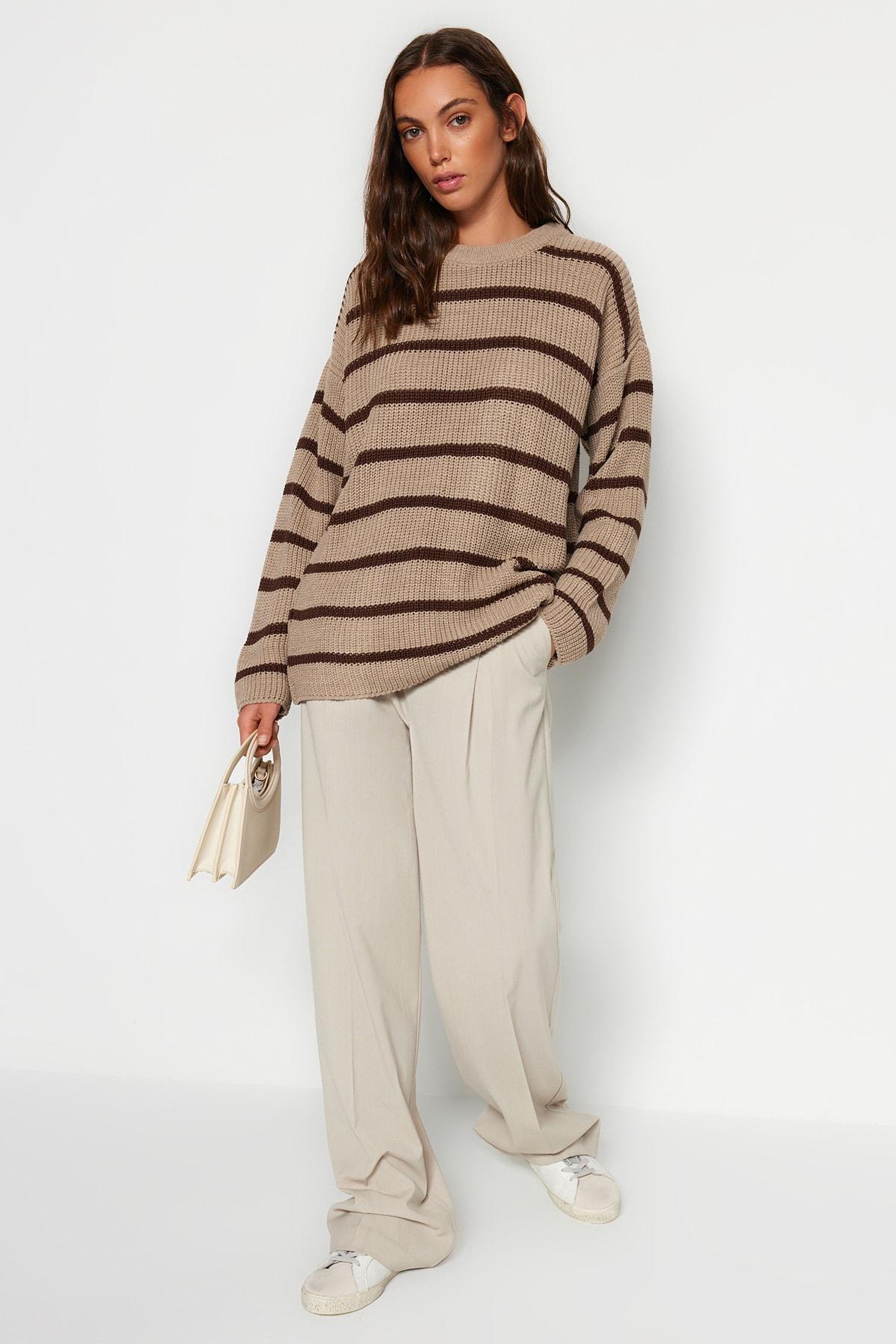 Beige Striped Oversize Sweater, , large image number 1