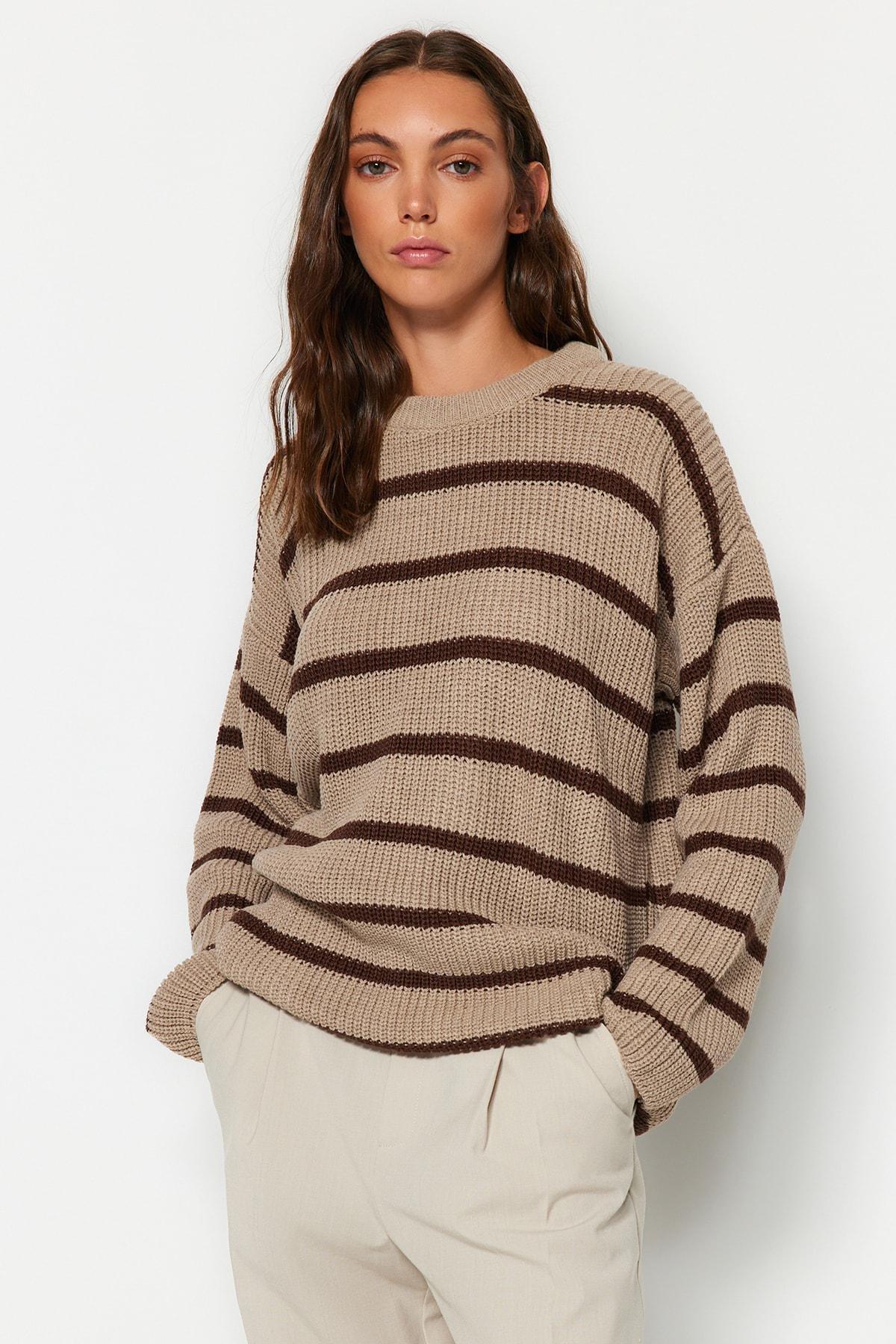 Beige Striped Oversize Sweater, , large image number 2