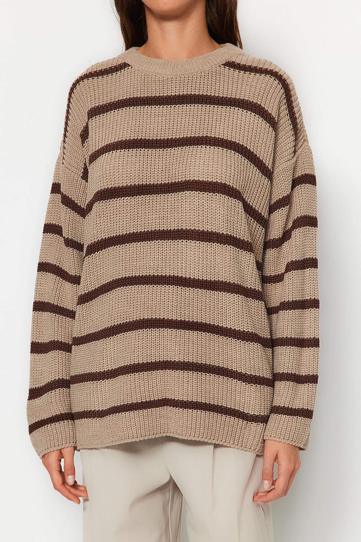 Beige Striped Oversize Sweater, , large image number 4