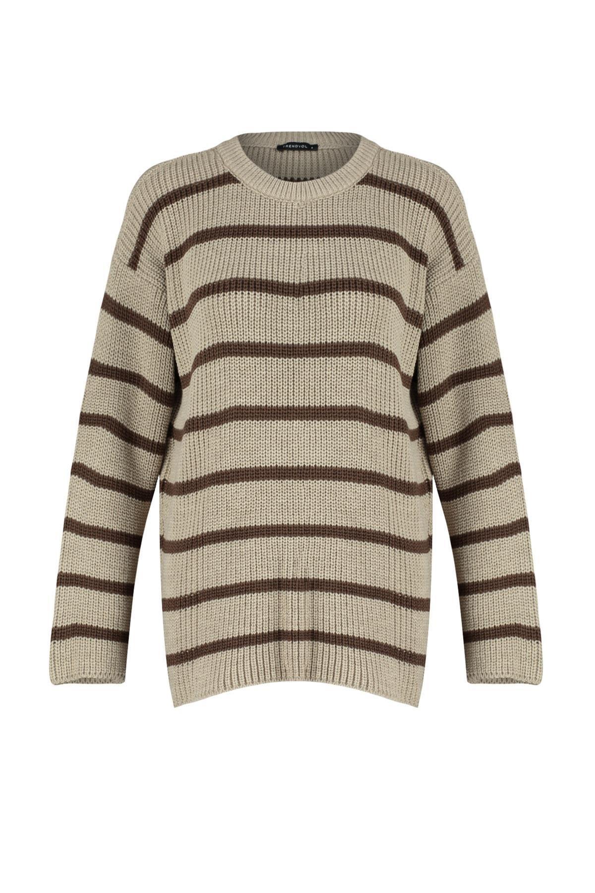 Beige Striped Oversize Sweater, , large image number 5