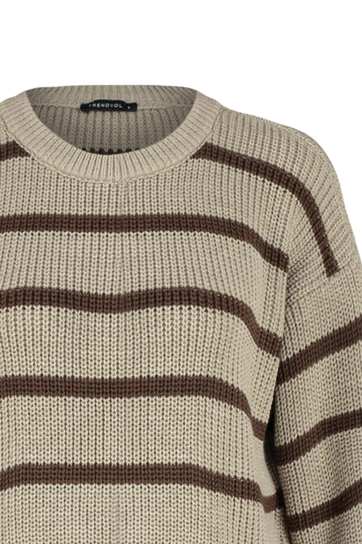 Beige Striped Oversize Sweater, , large image number 6
