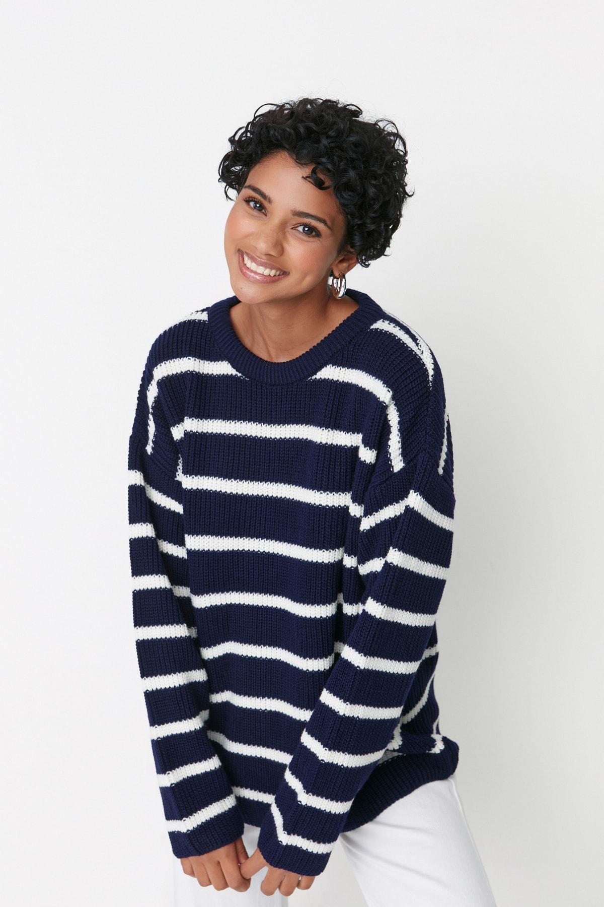 Navy Striped Oversize Sweater, , large image number 0