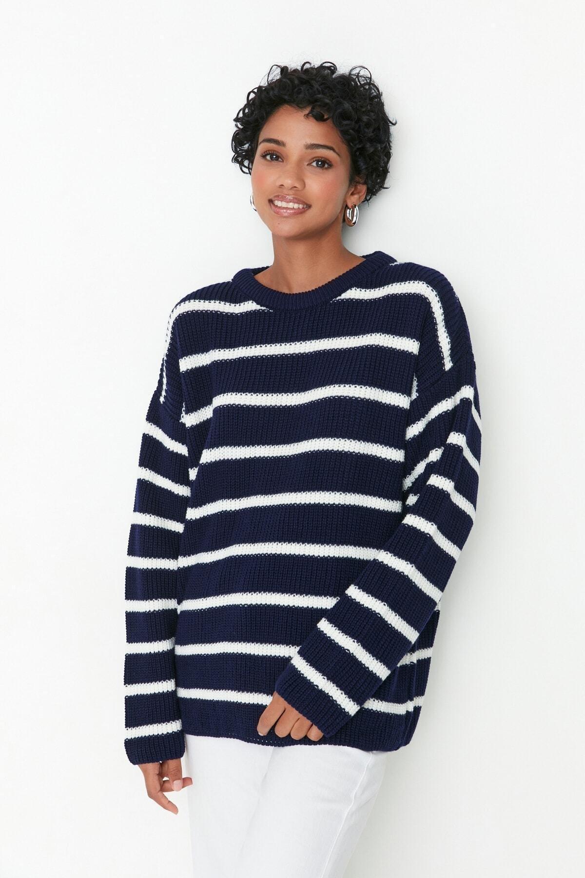 Navy Striped Oversize Sweater, , large image number 1