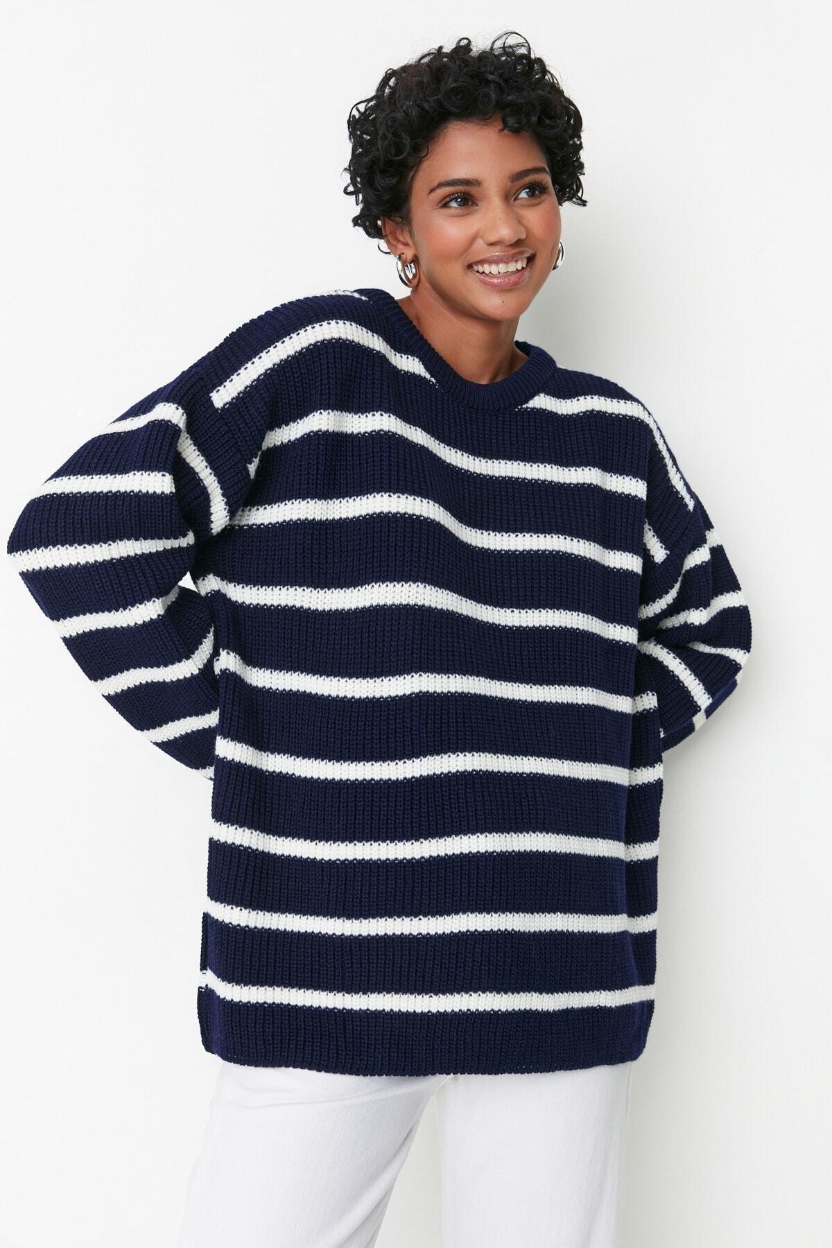 Navy Striped Oversize Sweater, , large image number 2