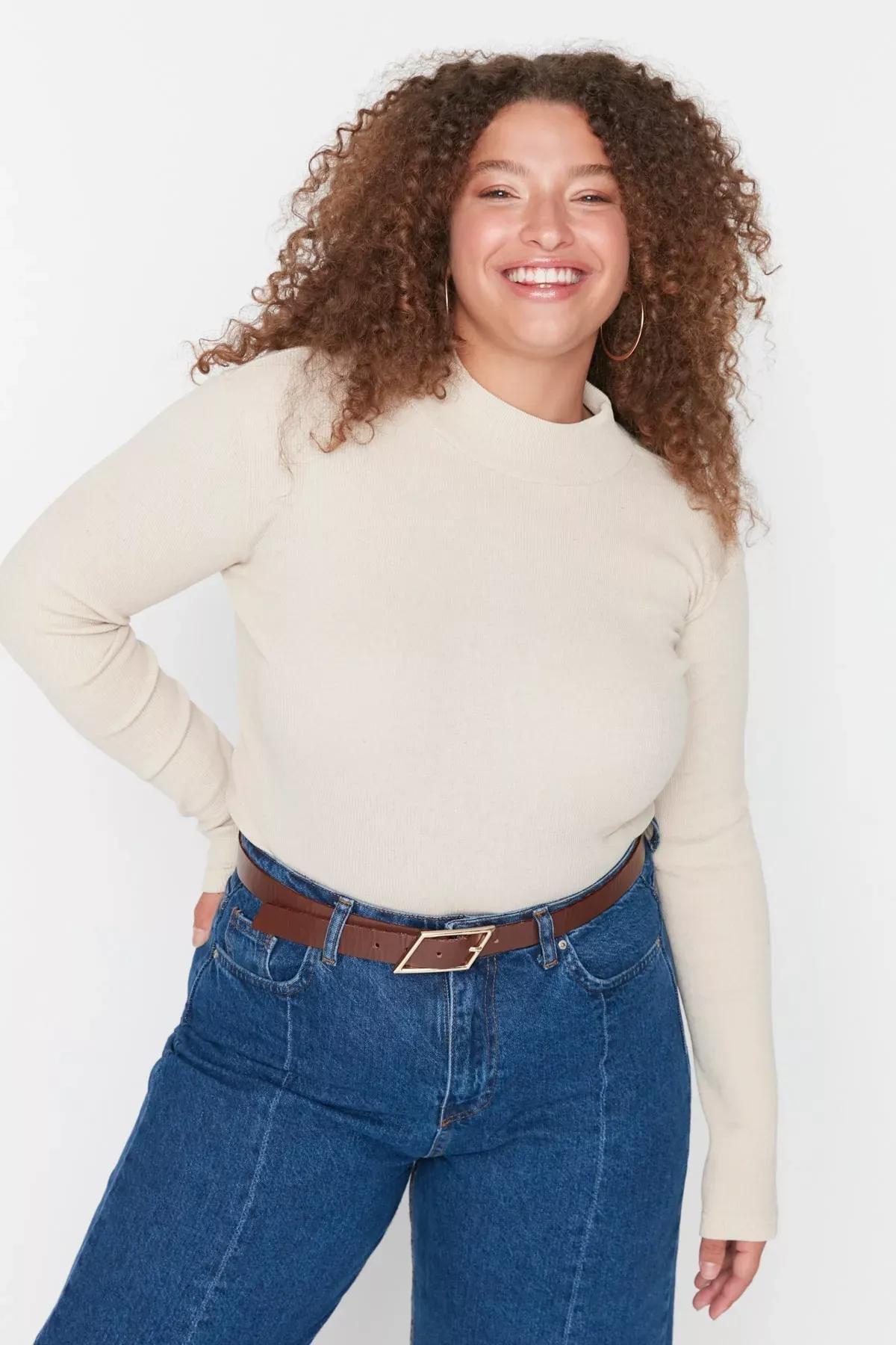 Beige Fitted Plus Size Blouse, , large image number 0