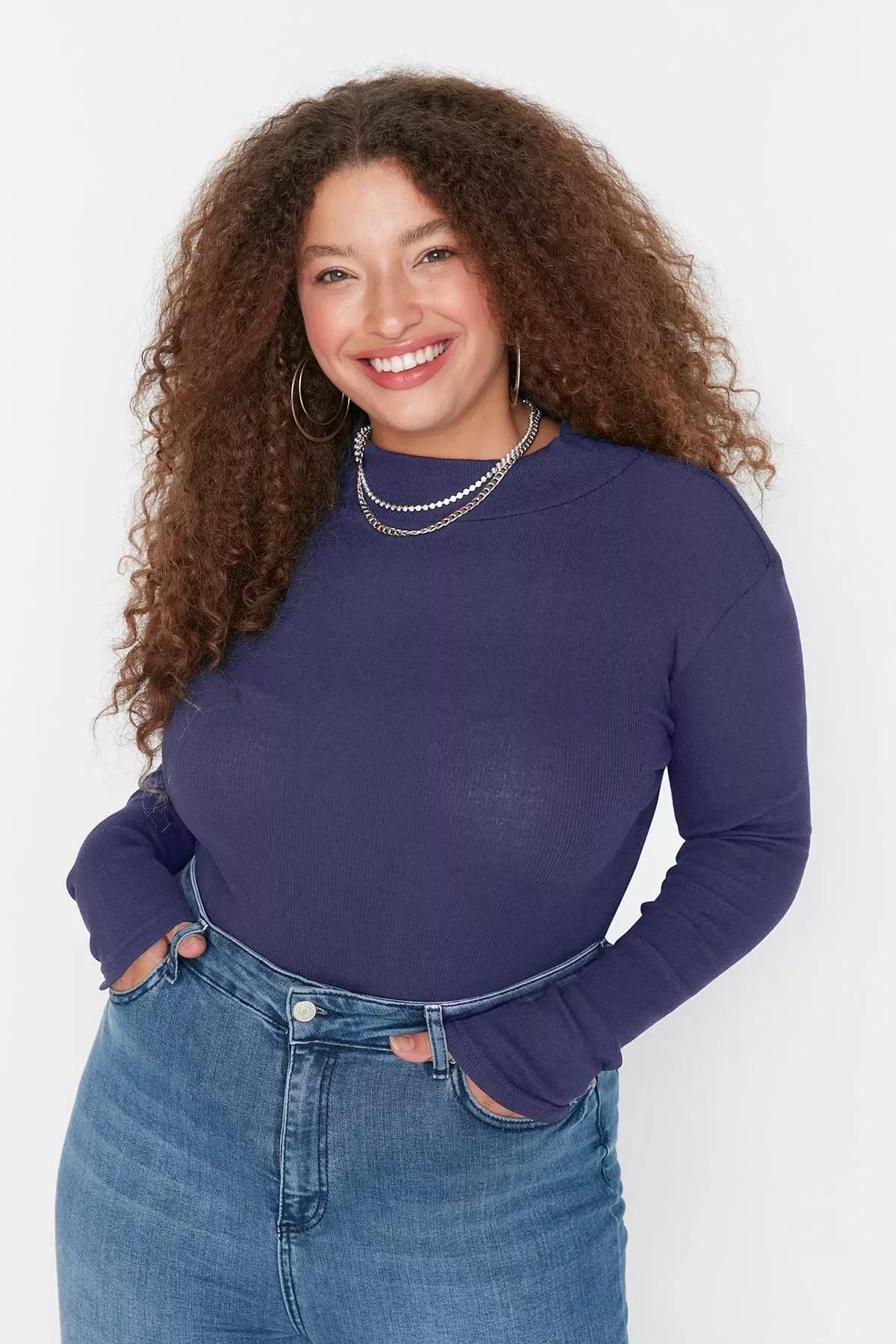 Navy Fitted Plus-Size Blouse, , large image number 0